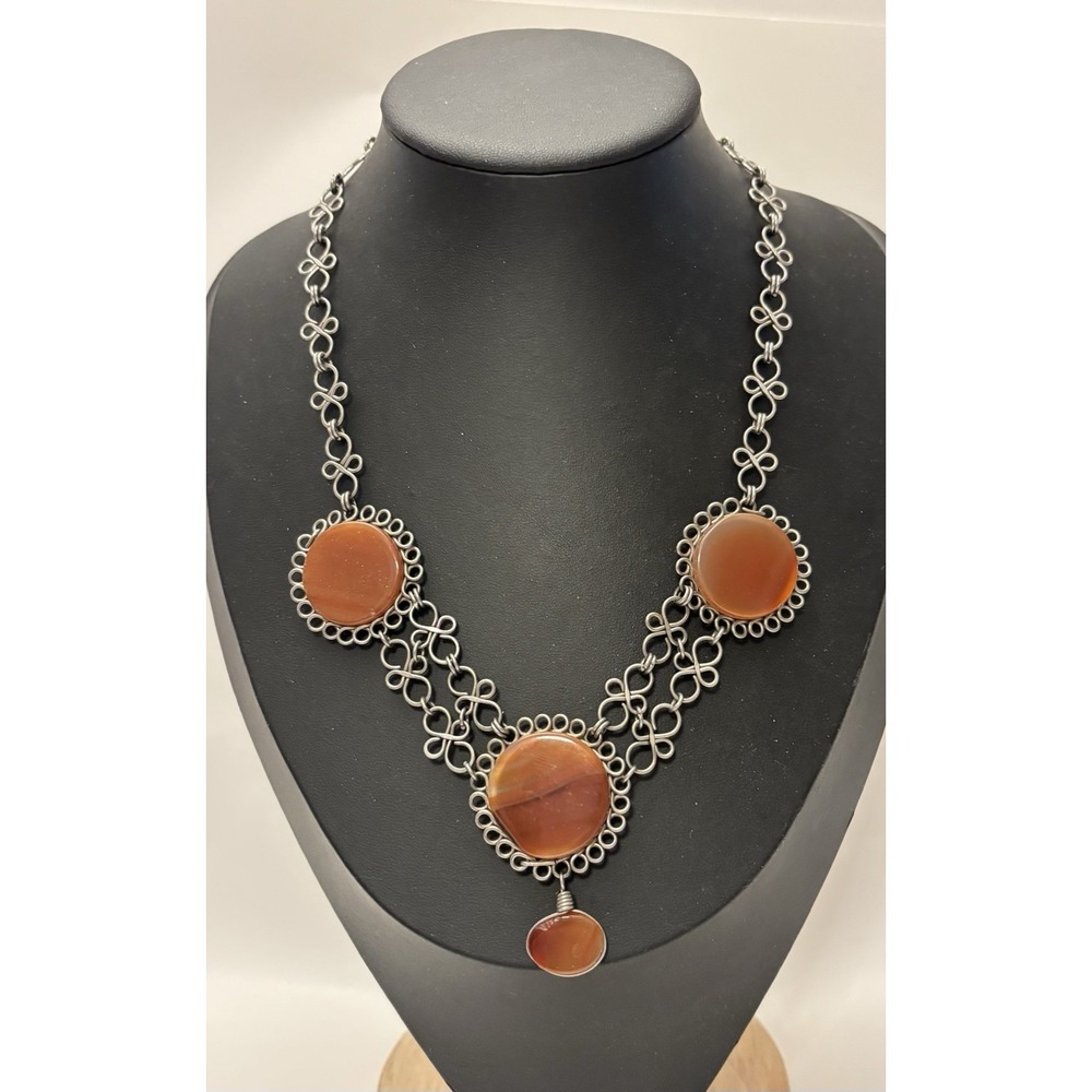 Sterling Silver Carnelian Agate Statement Necklace 21" Orange Banded Stone